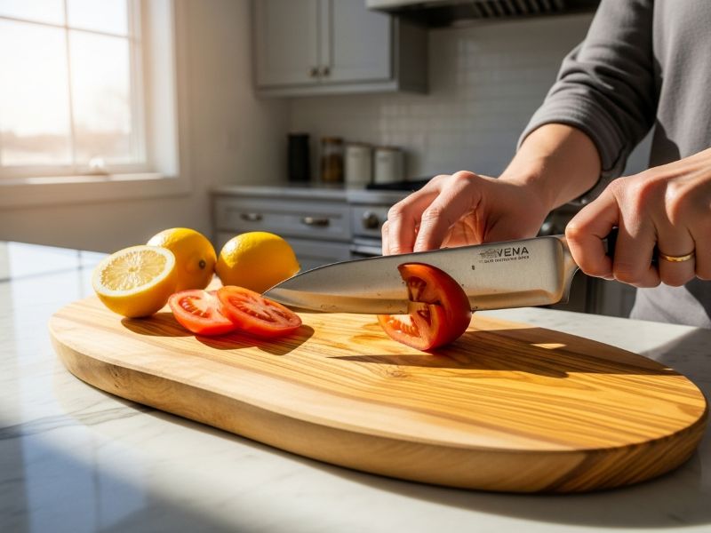 Cutting vegetables on olive wood board
