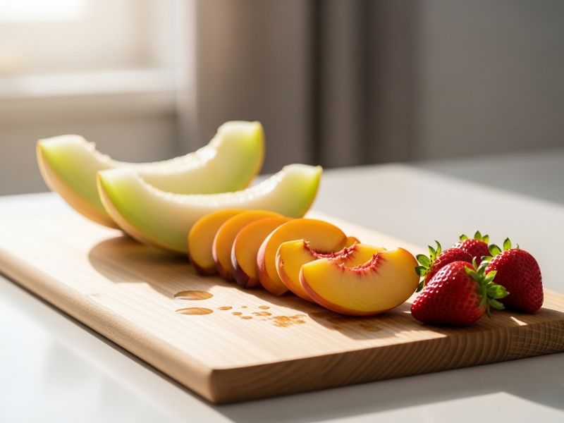 Pine board with sliced fruits