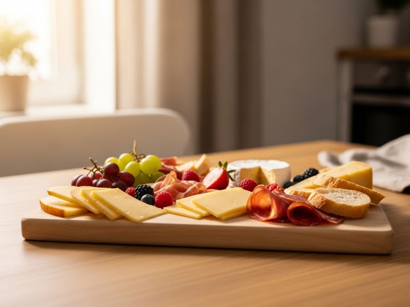 Pine board serving cheese and charcuterie