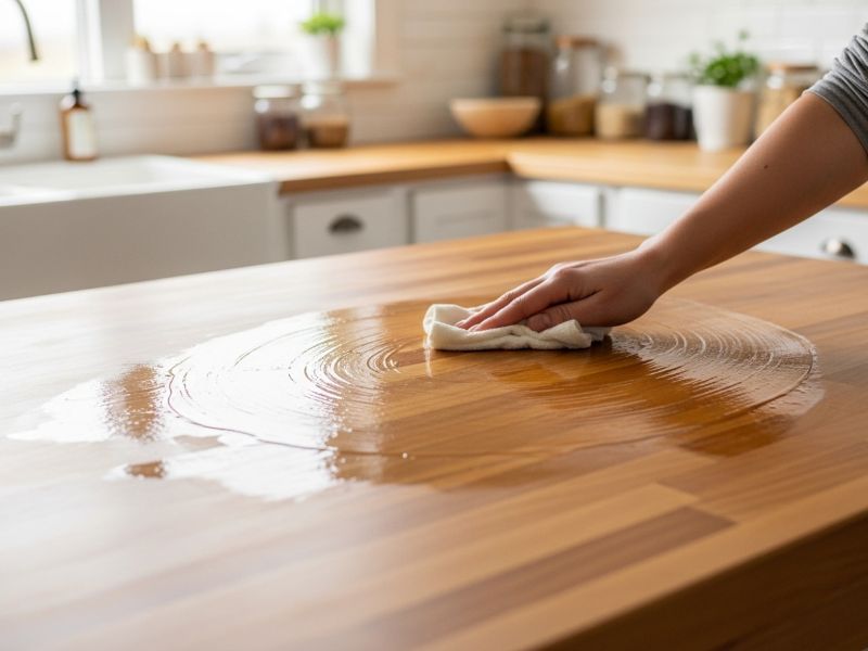 Applying oil to butcher block