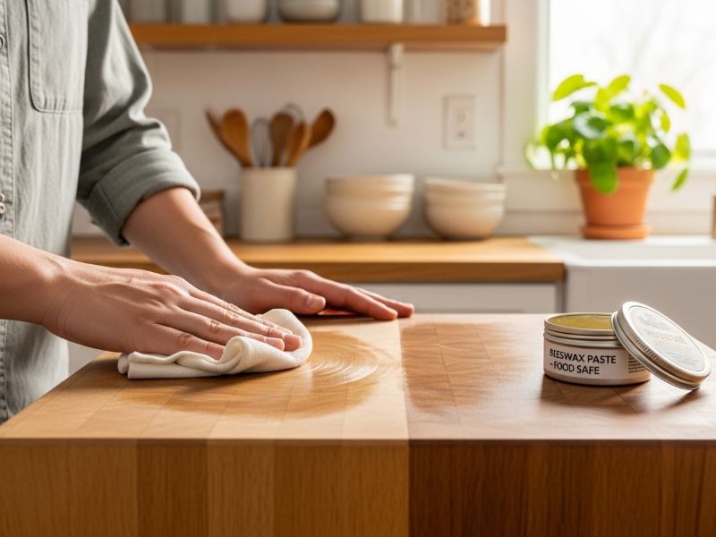 Buffing butcher block with wax