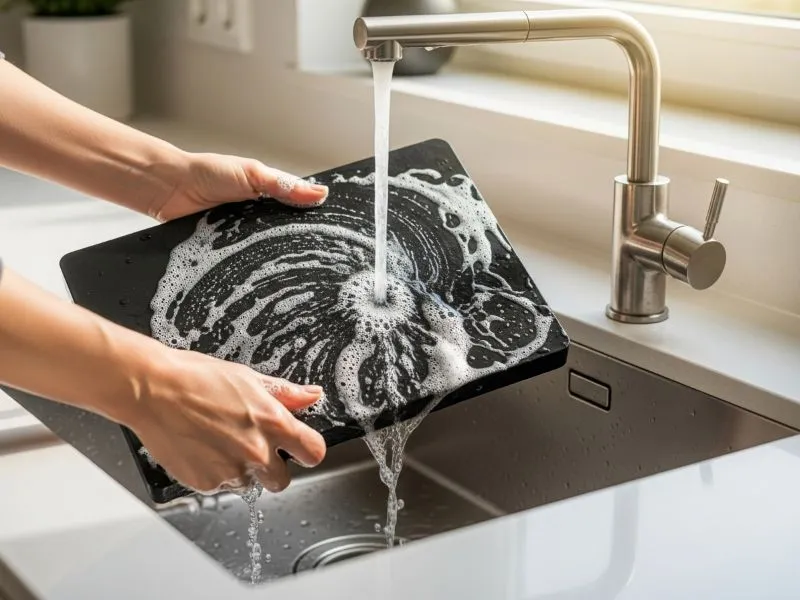 Rubber cutting board being washed in kitchen sink