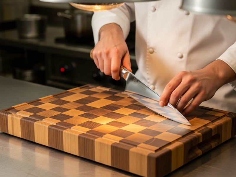 end-grain cutting board with chef’s knife