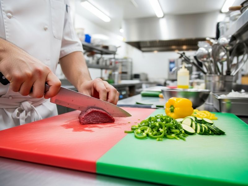 HACCP plastic cutting boards in commercial kitchen