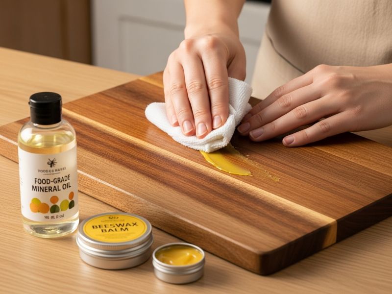 Oiling wooden cutting board with mineral oil and beeswax