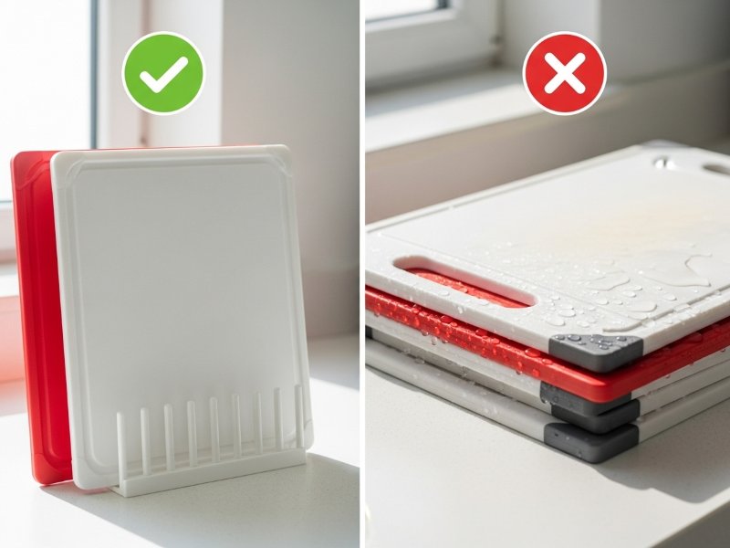 Plastic cutting boards stored upright in rack