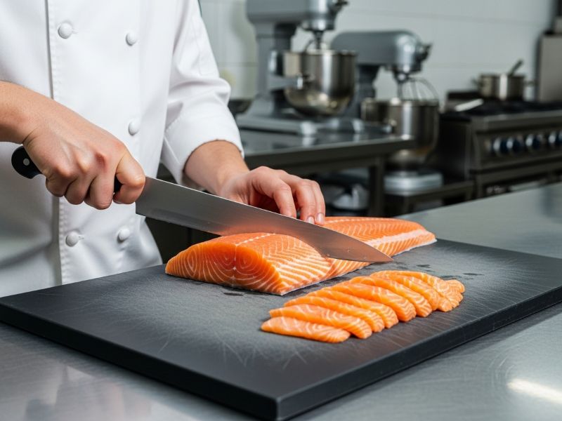 chef cutting salmon on rubber board