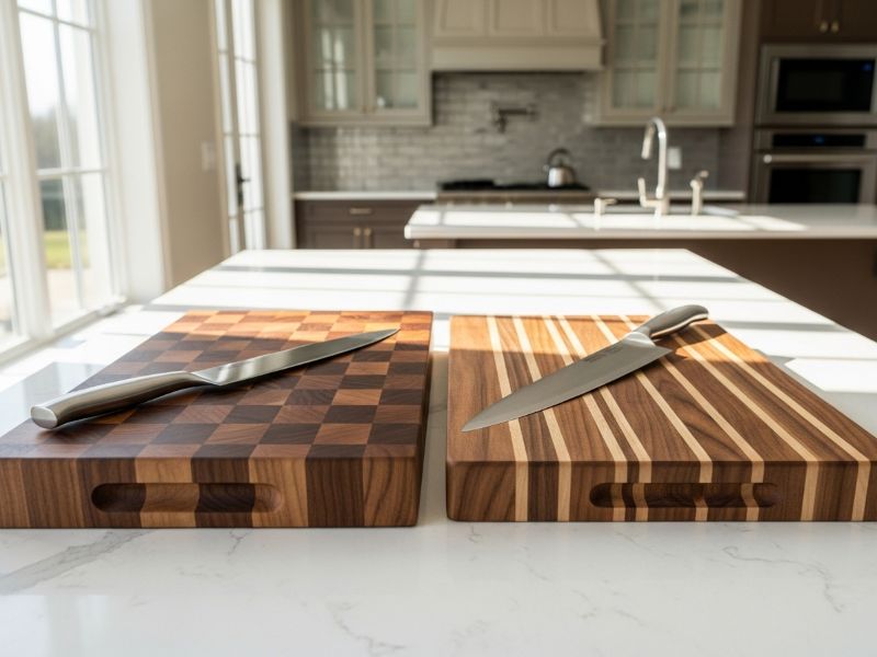 walnut cutting board with chef knife