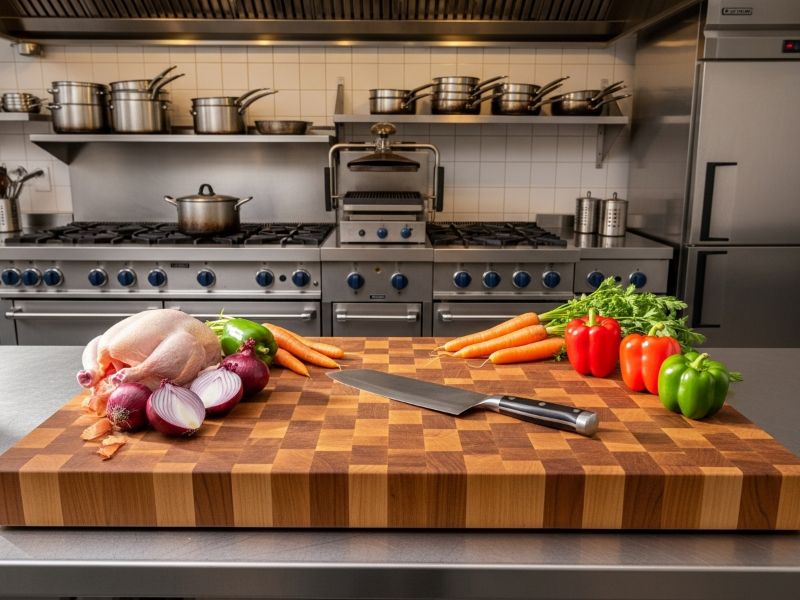 thick end grain butcher block with chef knife