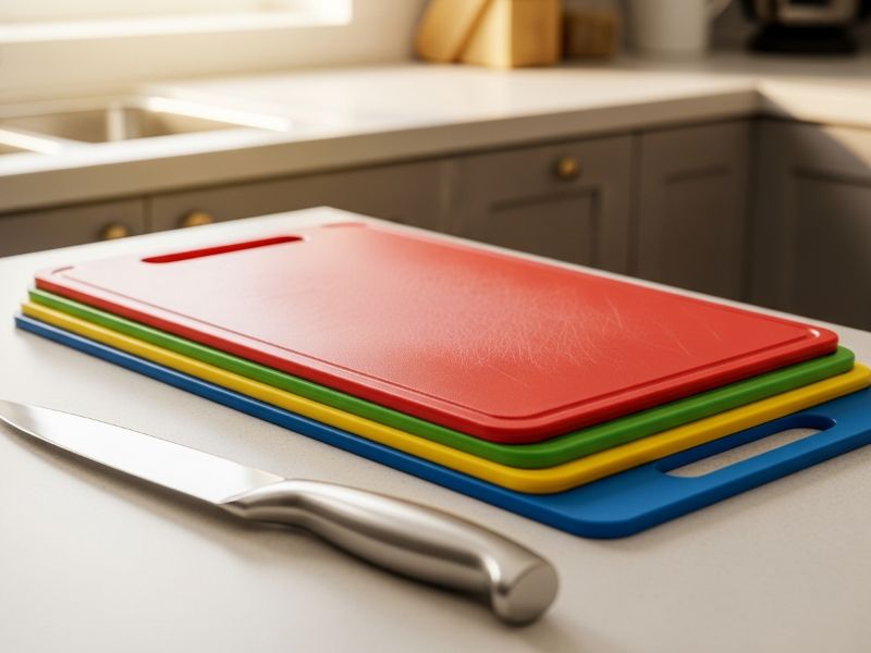 plastic cutting board with chef knife