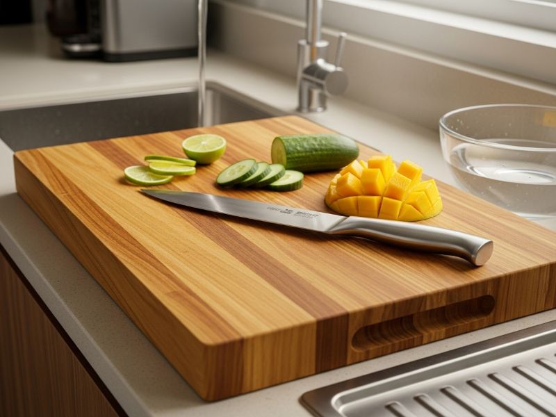 teak cutting board with chef knife