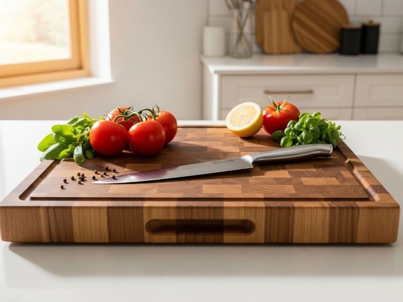 selection of cutting boards with knives