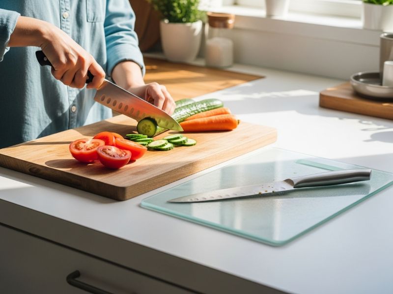 chef’s knife on wooden cutting board