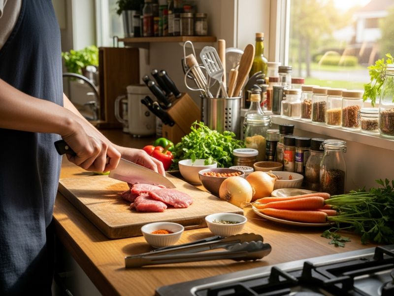 cutting meat on wooden board