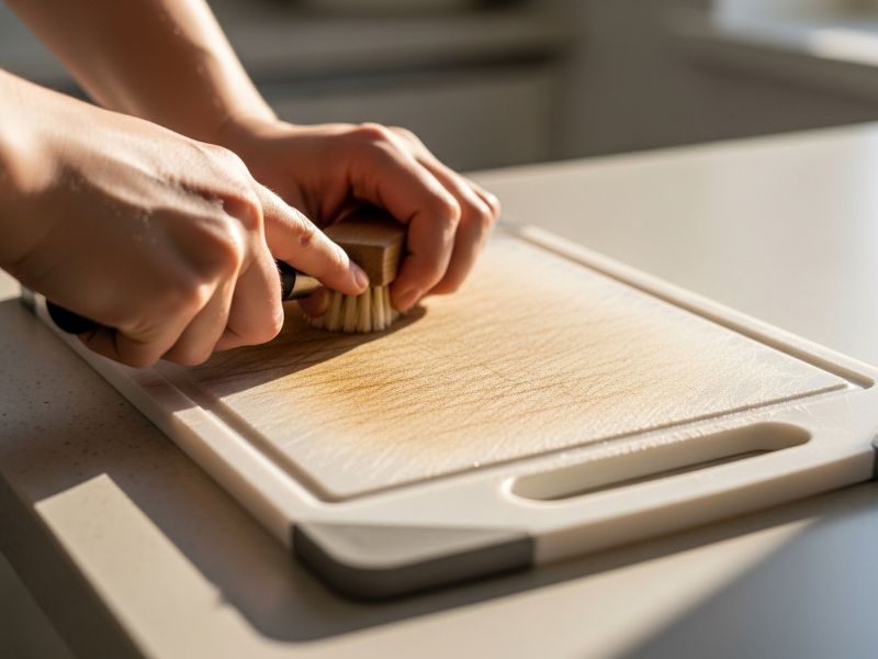 scratched plastic cutting board surface