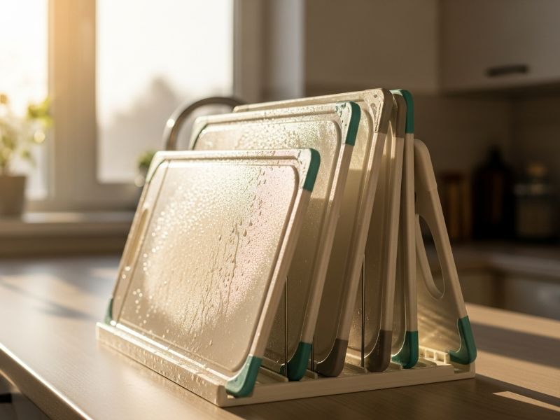 drying plastic cutting boards on rack