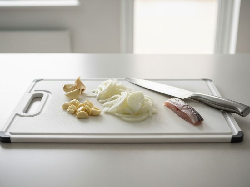 plastic cutting board with garlic and fish
