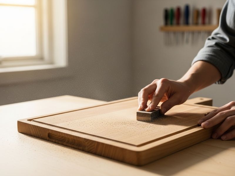 sanding wooden cutting board surface