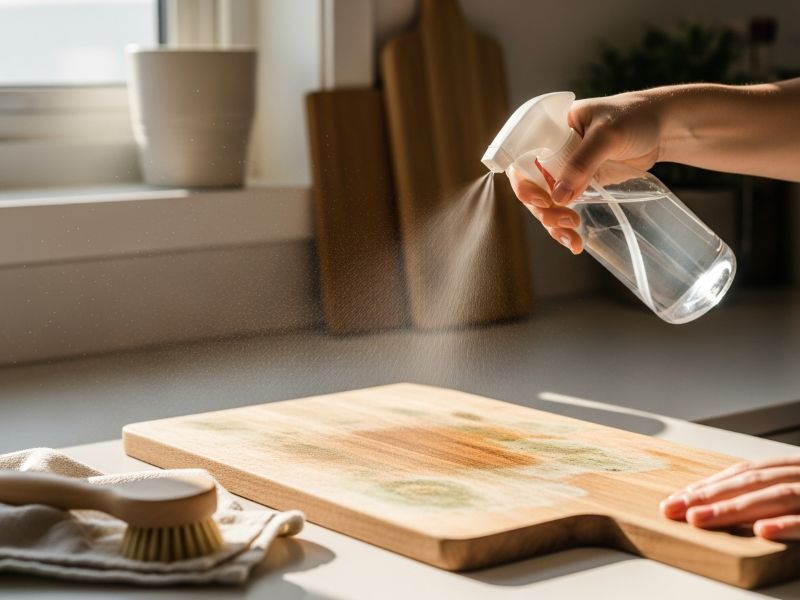 cleaning wooden board with vinegar spray