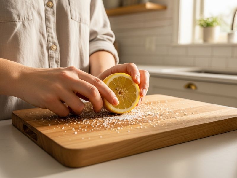 scrubbing wooden board with lemon and salt