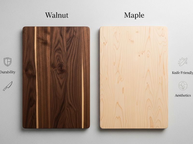 Walnut and maple cutting boards side by side comparison