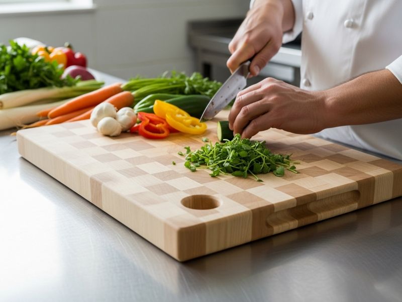 Chef using maple and walnut boards