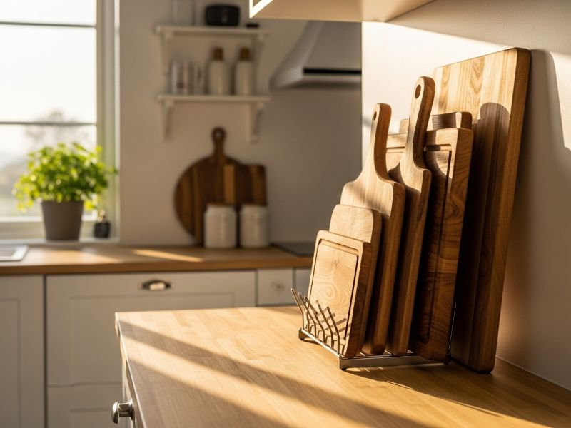 wooden cutting boards stored upright