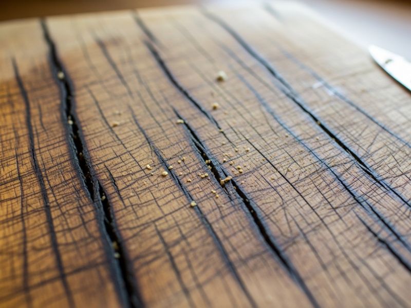 cracked wooden cutting board with deep splits