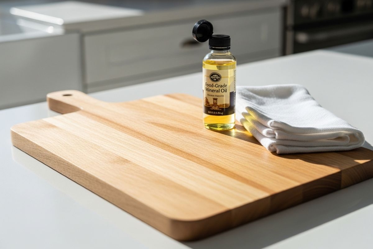 applying mineral oil to wooden cutting board