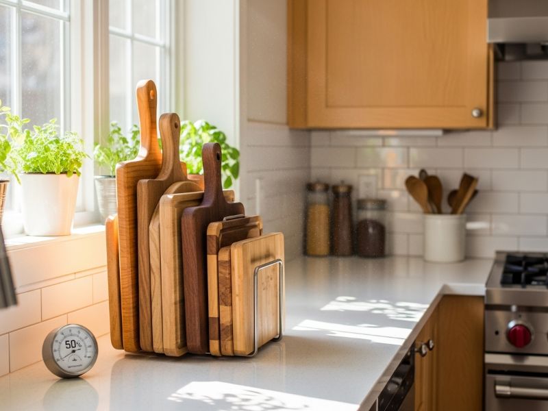 wooden cutting boards stored upright