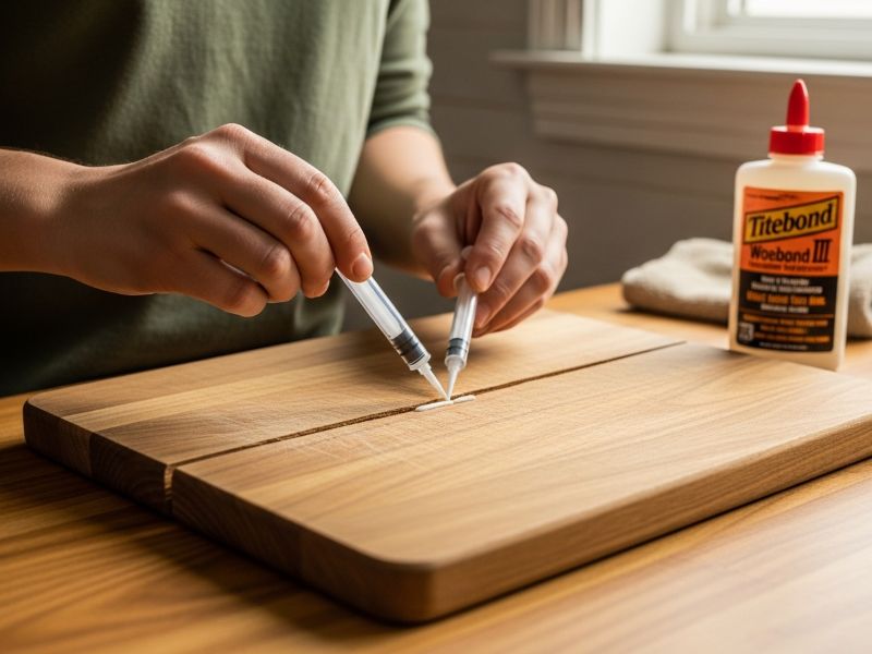 applying wood glue to cracked board