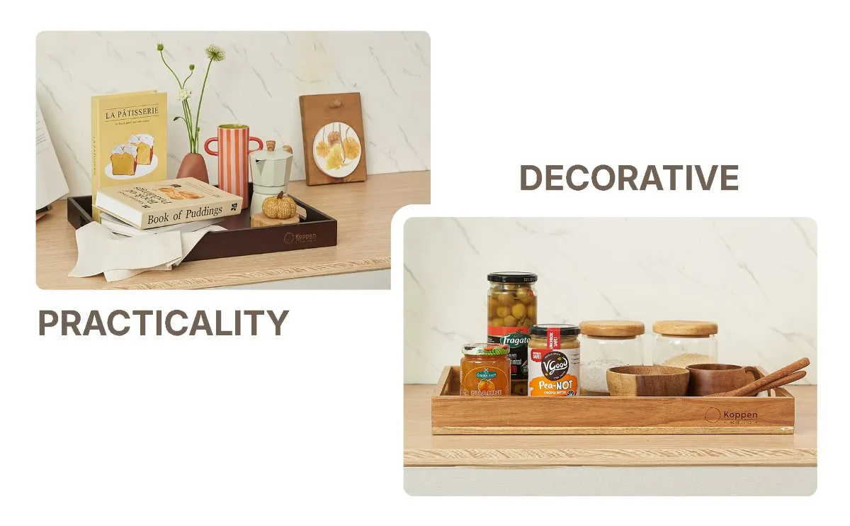 Natural acacia serving tray set styled with tea and books