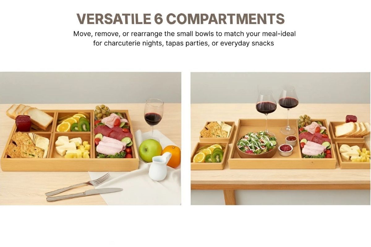 Acacia serving tray with six removable compartments