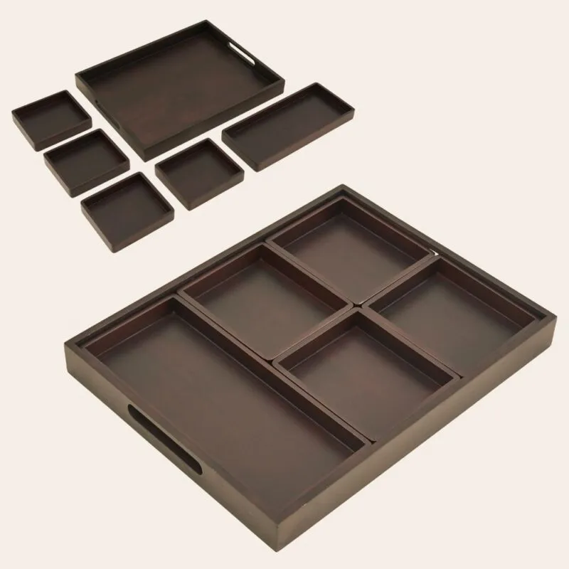 Acacia 6-Piece Serving Tray Set with Handle - Dark Walnut