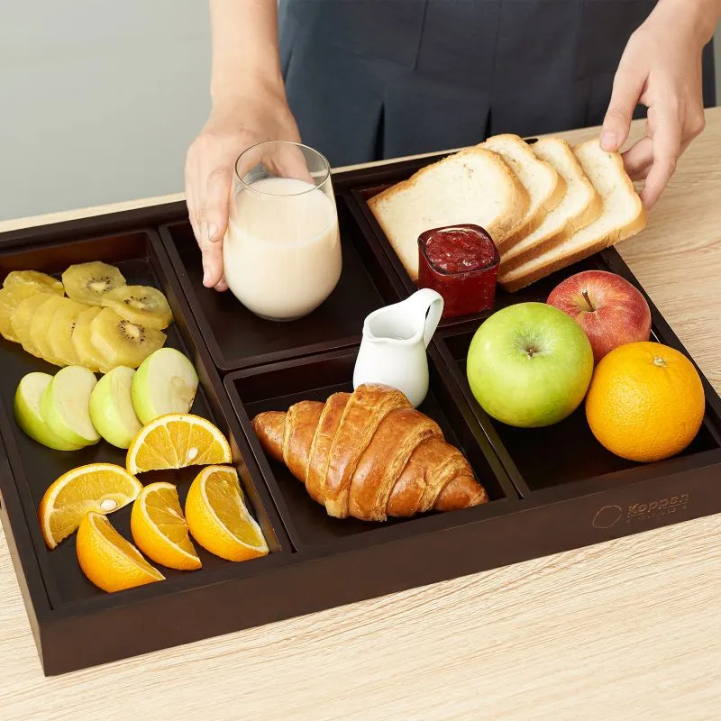 Acacia 6-Piece Serving Tray Set with Handle , Dark Walnut Color