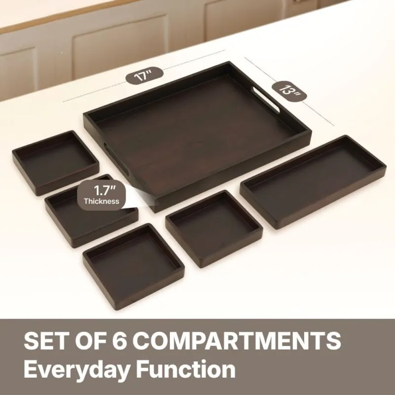 Acacia 6-Piece Serving Tray Set with Handle - Dark Walnut