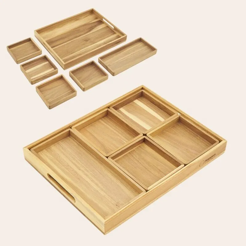Acacia 6-Piece Serving Tray Set with Handle - Natural Acacia