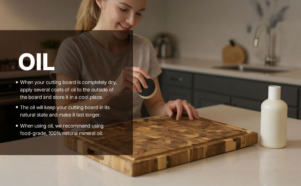 Applying mineral oil to wooden cutting board