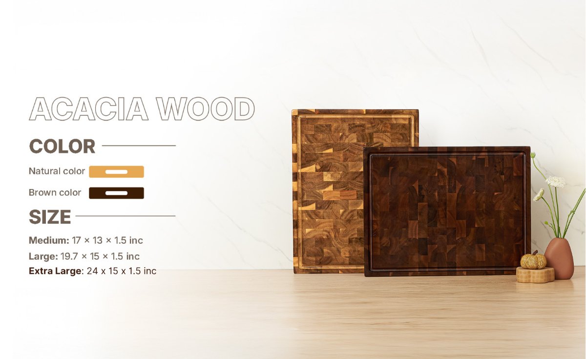 Koppen acacia end grain cutting board sizes and colors