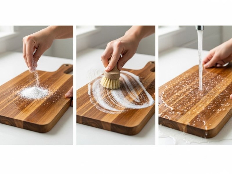 Step-by-step cleaning wooden cutting board with baking soda