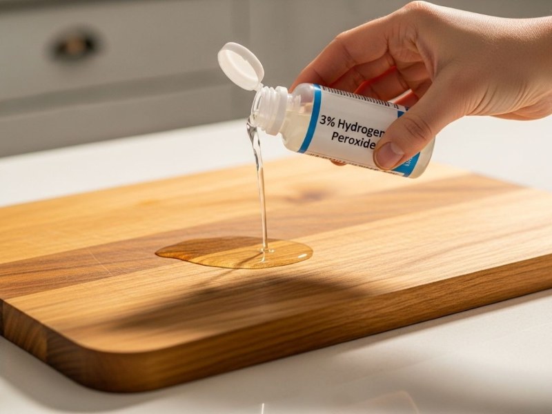 Applying 3% hydrogen peroxide to clean wooden cutting board