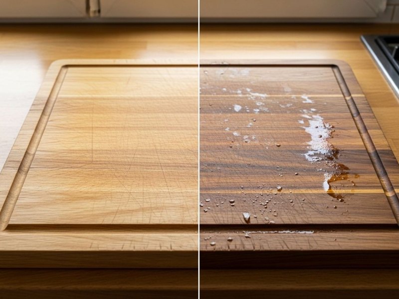 Clean wooden cutting board and moldy cutting board comparison