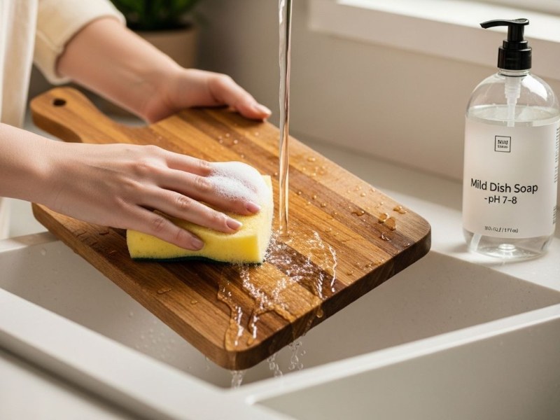 Scrubbing both sides and edges of a wooden cutting board with a sponge
