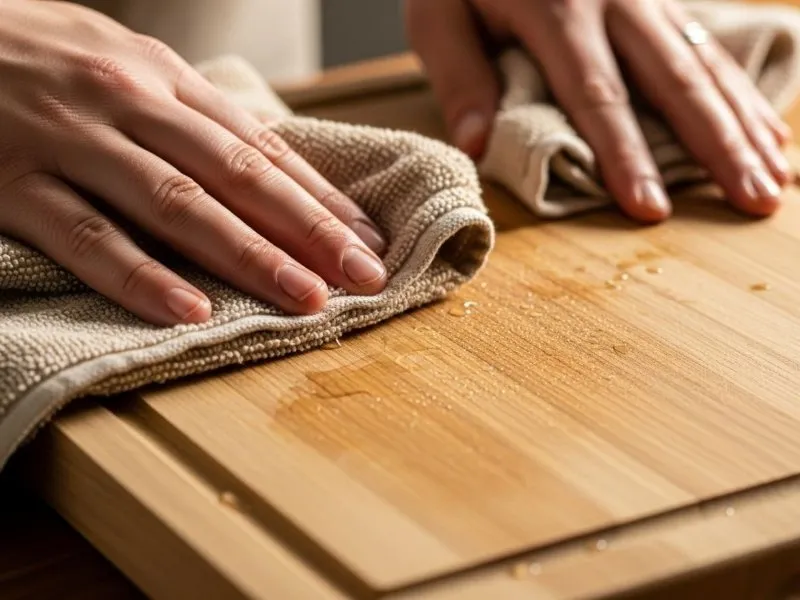 Wiping wooden cutting board with towel after washing