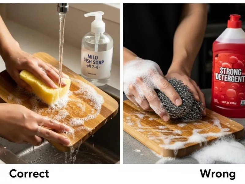 Mild soap vs. strong detergent on wooden board