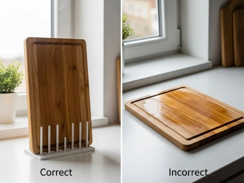 Wooden cutting board standing upright vs. lying flat