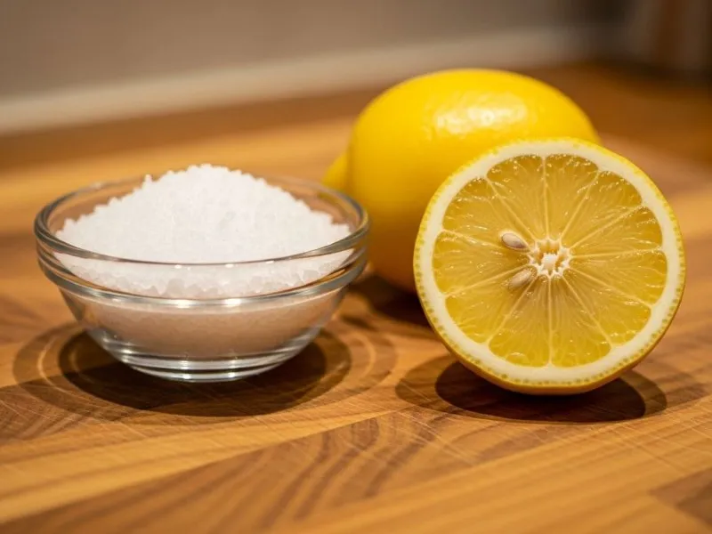 Lemon and salt on wooden cutting board for cleaning