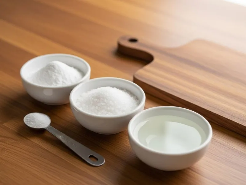 Baking soda, salt, and white vinegar for cleaning wooden cutting board