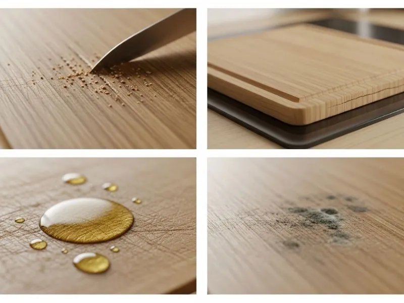 Wood cutting board with grooves, cracks, warping, and mold